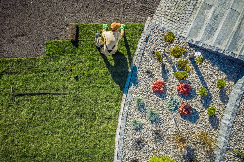 Landscaping Contractor Installing New Turf in Backyard